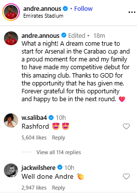 andre.annous 在 Instagram 上发布了对于他在阿森纳的认真比赛首秀的帖子，并收到了 w.saliba4 和 jackwilshere 的批驳。